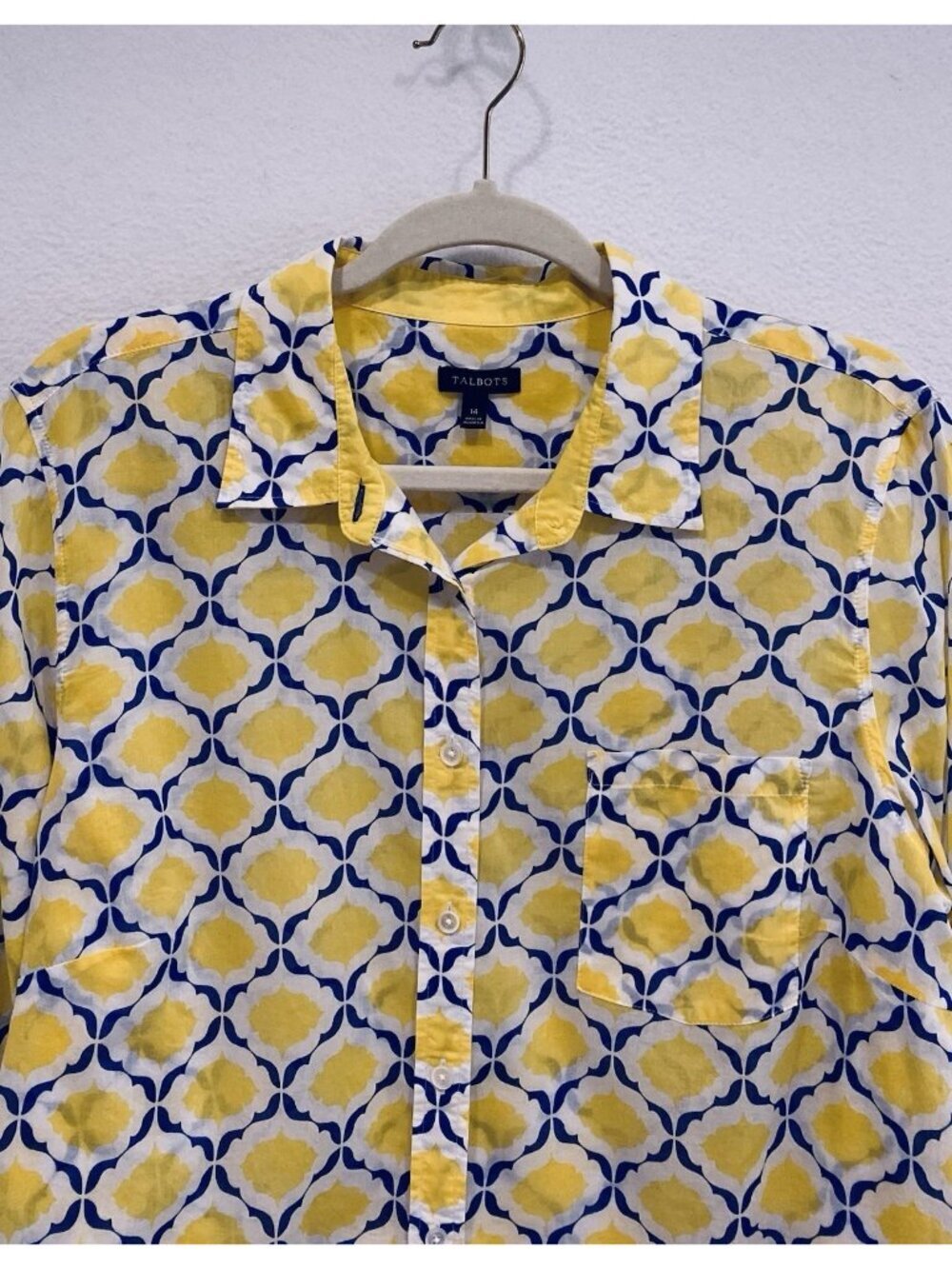 Talbots Top Womens 14 Yellow Blue Boho Print Lightweight Button Up Cotton Beachy - Picture 3 of 8